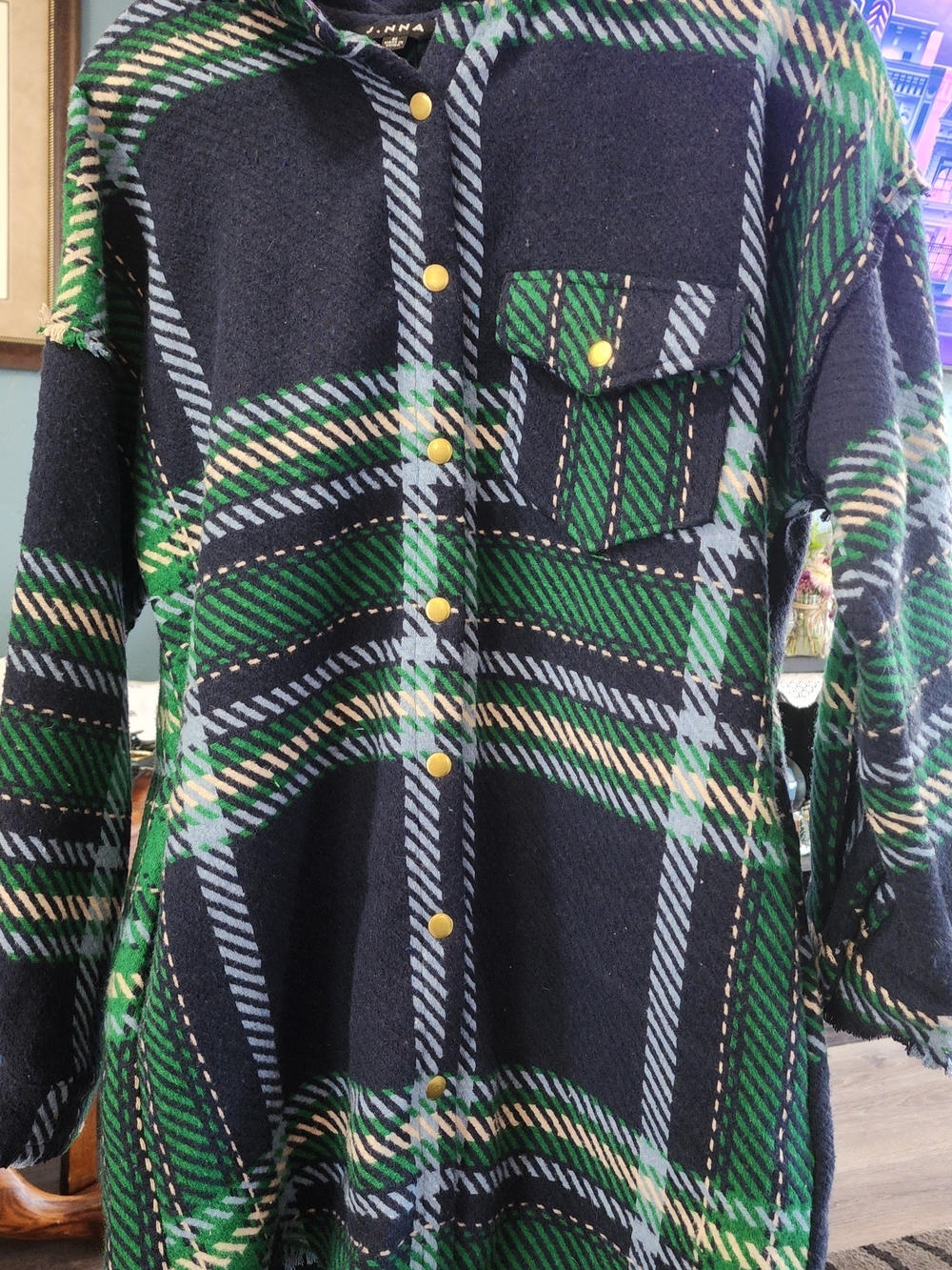 Women's Green & Black Plaid Pea Coat with Gold Buttons Sz Med